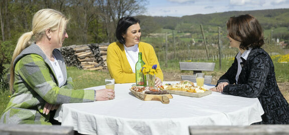 Europaministerin Karoline Edtstadler, Landwirtschaftsministerin Elisabeth Köstinger und Bundesbäuerin Irene Neumann-Hartberger im Gespräch.